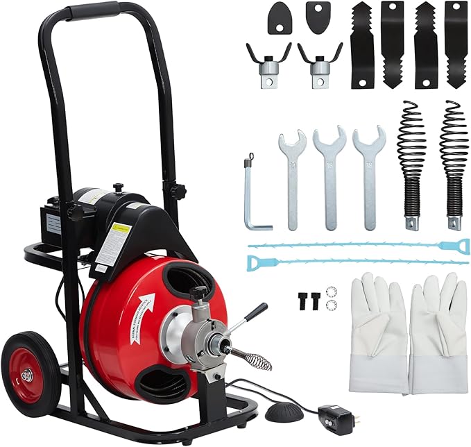 Auto Feed 100 FT x 1/2 Inch Drain Cleaner Machine with 370W Motor, Portable Sewer Snake Auger with 8 Cutters & Air-activated Foot Switch, Fits 1" to 4" Pipes, Black & Red