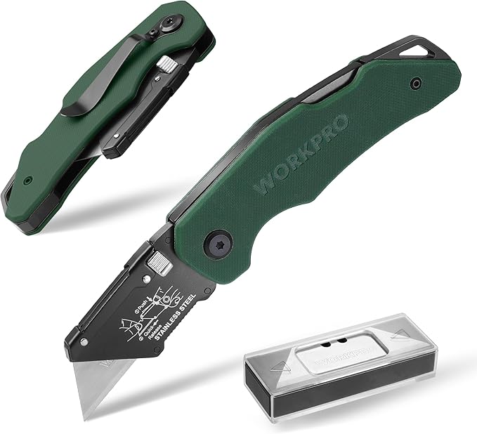 WORKPRO Folding Utility Knife G10 Handle with Stainless Steel Head, Quick-change Blade & Back Lock, Heavy Duty Box Cutter, 1PC Razor Knife with Extra 10PC SK5 Blades