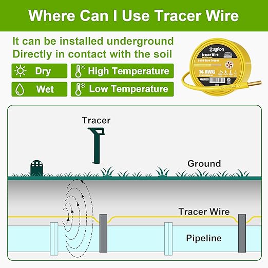 14 AWG Tracer Wire 600V 100% Solid Copper Conductor Direct Burial Underground, Yellow Tracer Wire for Locating Underground Pipes and Lines Gas Electrical Wire Water Sewer Pipe and Fiber Optic, 50 FT