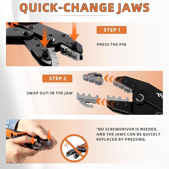 KF CPTEC Crimping Tool Set 9 PCS - Ratcheting Wire Crimper - Quick Exchange Jaw for Heat Shrink, Open Barrel, Insulated Electrical Connectors,Insulated and Non-Insulated Ferrules, solar connector