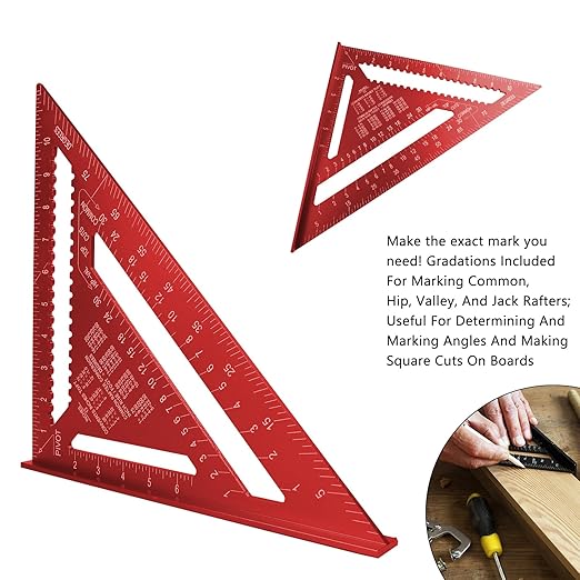 Carpenter Square 12-inch Layout Tool Alloy Metal Triangle Ruler Protractor,RED(MER)
