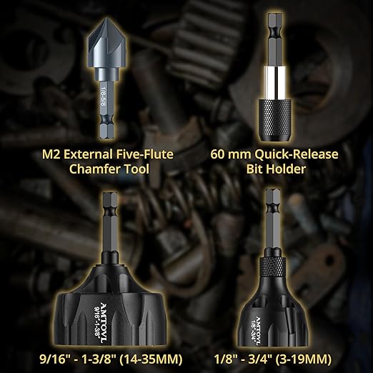 AMTOVL 4PCS Deburring External Chamfer Tool & Countersink Drill Bit Set - YG8 Tungsten Carbide & M2 HSS, Quick Release Chamfering Tool for 1/8"-1-3/8" Bolts, Thread Repair & Metal Edge Deburring