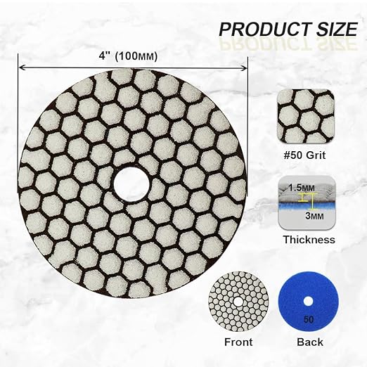 Dry Diamond Polishing Pads 4"/100mm - 8pcs Grit 50 Polish Pad Kit for Granite Marble Artificial Stone Quartz for Angle Grinder SANLEETEK