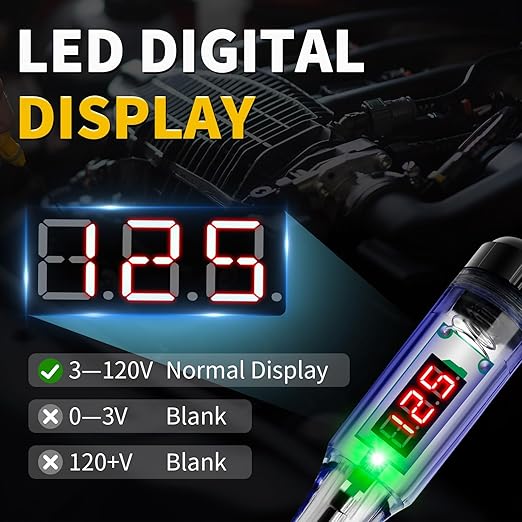 Test Light Automotive 3-120V DC LED Digital Circuit Tester with Voltage Display, Auto Bidirectional Voltage Tester, Electric Test Probe Pen for Car Battery Polarity Continuity Fuses