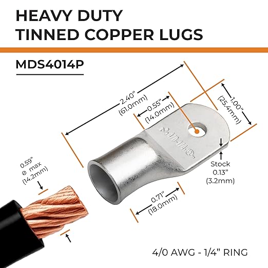 SELTERM 25pcs 4/0 AWG 1/4" Stud Marine Grade Tinned Copper Battery Cable Lugs, 0000 Gauge Ring Terminals, UL Wire Lugs Electrical Battery Cable Ends, Tinned Copper Lugs Battery Terminal Connectors