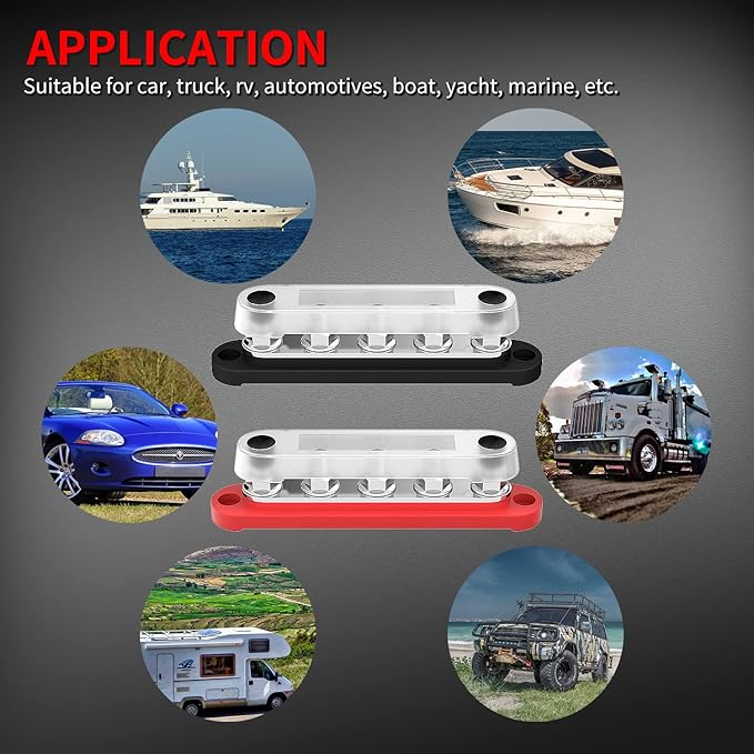 DAIERTEK 12V Bus Bar 5 x 5/16" (M8) Terminal Studs 12V Power Distribution Block with Cover Max 300V AC 48V DC Positive & Negative Battery Distribution Block for Automotive Car Boat