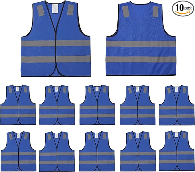 Blue Safety Vests 10 Pack - Reflective High Visibility Construction ANSI Class 2 Work Vests for Men,Woman,Hi Vis Mesh and Neon Silver Strip