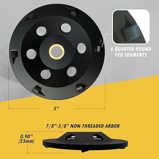5" PCD Grinding Wheel for Epoxy, Glue, Mastic and Paint, 6 PCD Segments, 7/8"-5/8" Non-Threaded Arbor