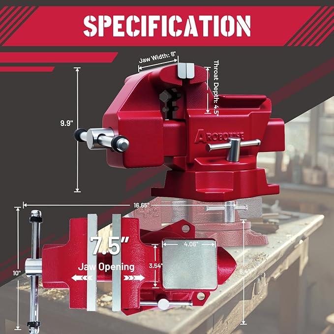Bench Vise 8-Inch Heavy Duty Vise 210° Swivel Base, Multi-Purpose Vise with Large Anvil for Industrial, Home (8" Jaw Width)