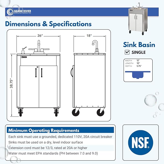 Ozark River Portable Sinks Elite LS1, Free Standing Portable Concession Sink, Commercial Restaurant Portable Sink with Hot Water, Stainless Food Service Sink, White Doors-Black Edges