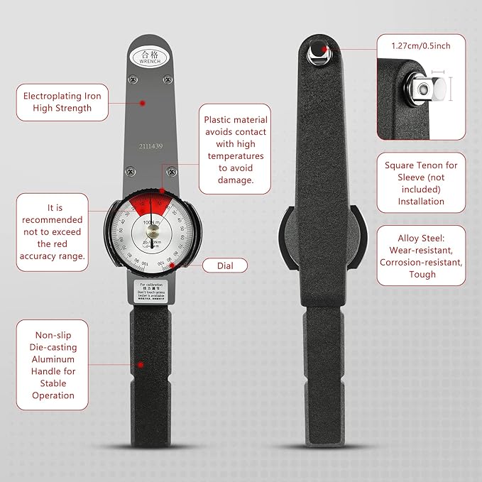 LOYALHEARTDY Dial Torque Wrench 0-100N.m Dial Indicator Torque Wrench Precision Torque Meter 1/2 Drive Indicating Torquemeter Torque Force Tester
