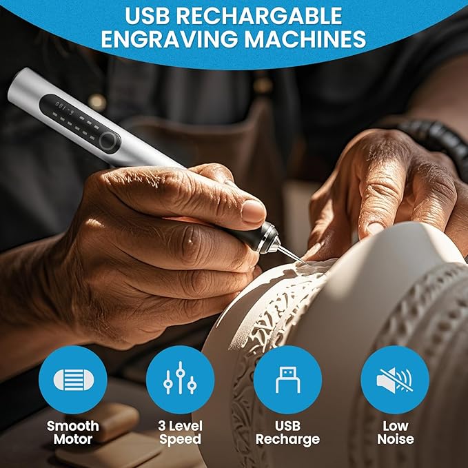 Electric Engraving Pen with 37 Bits, USB Rechargeable Cordless Etching Engraving Tool, Portable DIY Rotary Engraver for Jewelry Wood Glass Stone Carving (Silver)