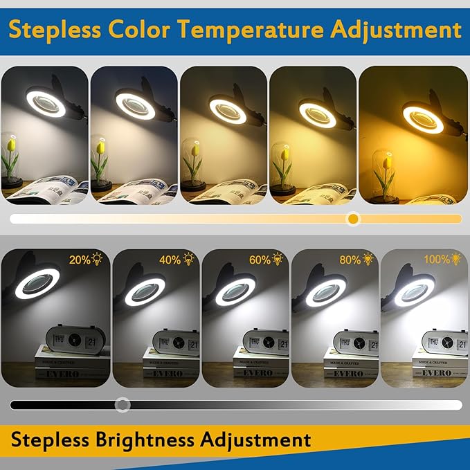 10X Large Magnifying Glass with Light and Stand, 2200 Lumens Stepless Dimmable Lighted Magnifier, Real Glass Lens Desk Lamp, Adjustable Swing Arm Clamp Light Hands Free for Craft Close Work