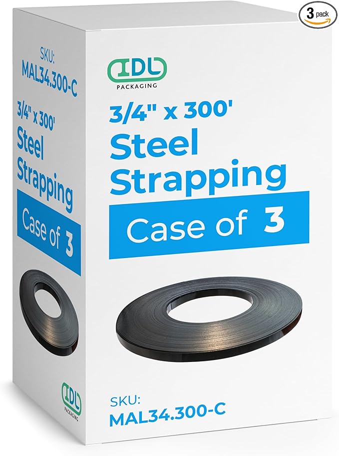 Steel Strapping Coil 3/4" x .020" x 300' (3-Pack), 1700 lbs Break Strength in Self-Dispensed Сardboard Box - Metal Band - Heavy-Duty Steel Strapping with Superior Cut-Resistance by IDL Packaging