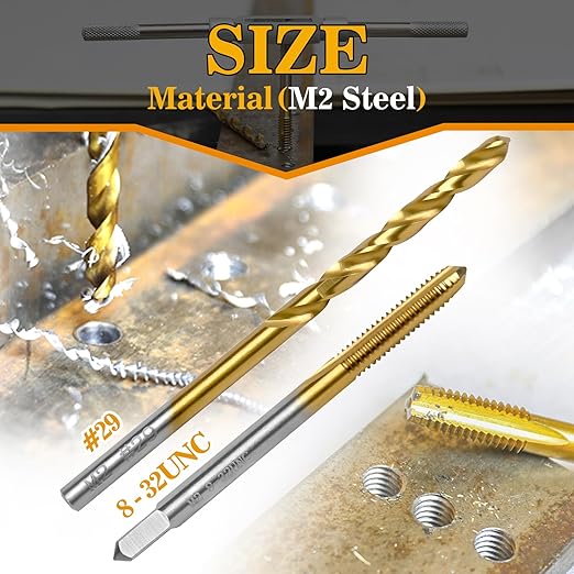 8-32 UNC Tap and #29 Drill Bit Kit, M2 HSS Drill and Tap Set, Combination of Drill and Tap Kit for Metal