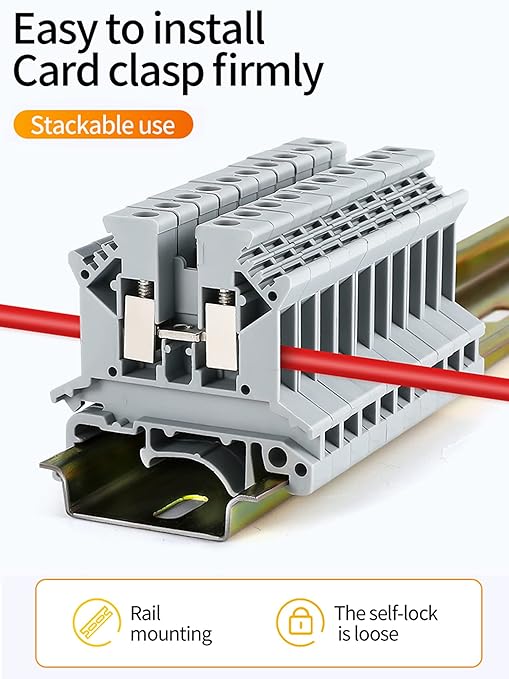 Erayco UK2.5N-BR DIN Rail Terminal Block, Screw Clamp, 600V 20A 24-12AWG, Pack of 100 (Bright Red)