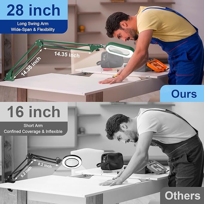 10X Rectangle Magnifying Glass with Light and Clamp, 5 Color Modes Stepless Dimmable, Lighted Magnifier with Stand Hands Free, Flexible Swing Arm LED Desk Lamp for Close Work, Craft, Painting - Green