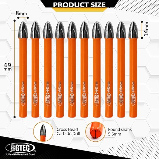 Carbide Tip Drill Bit-BGTEC Wood Drill Bits, 10pcs Round Shank 5/16" Cross Hard Alloy Drill Bits for Wood Plastic Masonry Brick