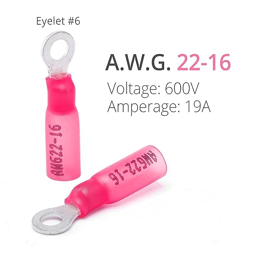 Wirefy 150 PCS Heat Shrink Ring Terminals #6 - a Resistant Ring Connectors - Eyelet Wire Connectors - Red 22-16 AWG