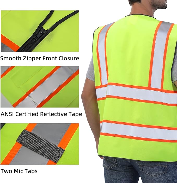 Dib Safety Reflective Vest High Visibility Two Tone with Pockets and Zipper, ANSI Class 2 Compliant, Yellow with Orange Trim 2XL