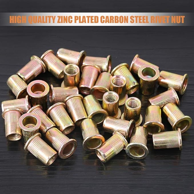 Keadic 150Pcs M6 Rivet Nuts Metric Zinc Plated Rivet Nut Carbon Steel Rivet Nut Flat Head Threaded Insert Kit Threaded Rivet Insert Nutsert Rivnuts Kit for Furniture