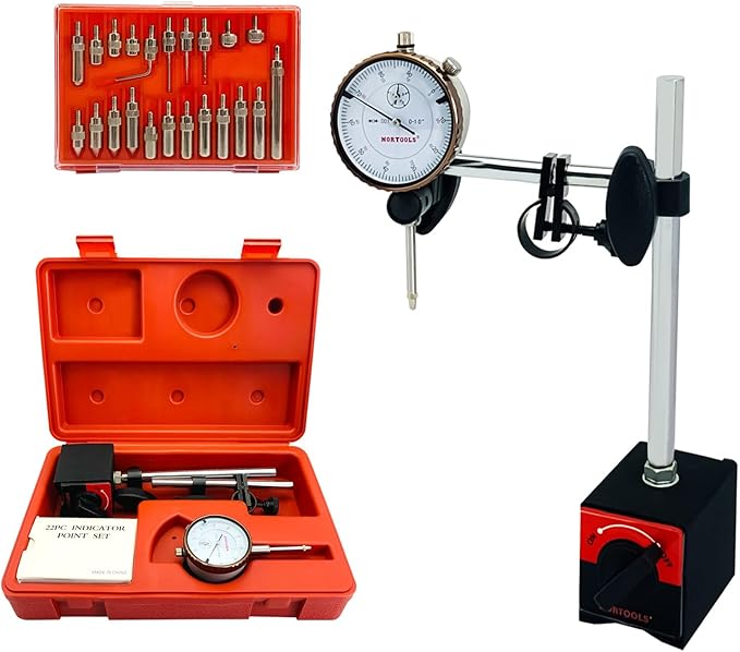 NORTOOLS Dial Indicator with Magnetic Base 0-1.0" & Point Set Dial Test Indicator 0.001" Precision Measuring Gauge Tools Kit， Magnetic Dial Indicator Base Holder with Fine Adjustment
