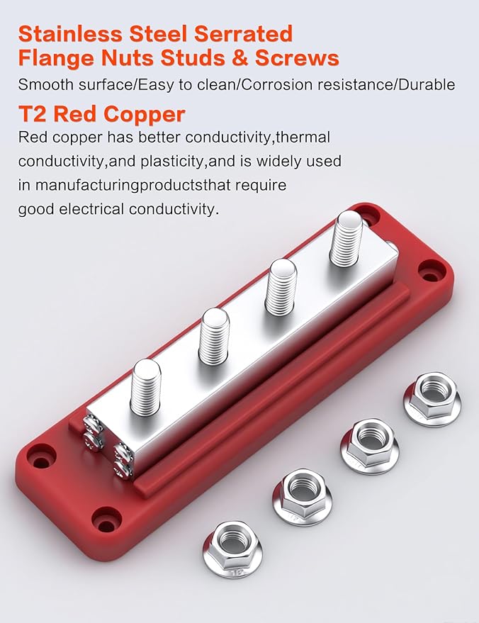 600A Heavy-Duty Bus Bar (2-Pack) Nickel Plated Copper Distribution Terminal Block with Cover 4 M10 (3/8 in) Studs & 8 Screws Buss Bar for Solar RV Marine Car Audio 12-48V DC Battery System