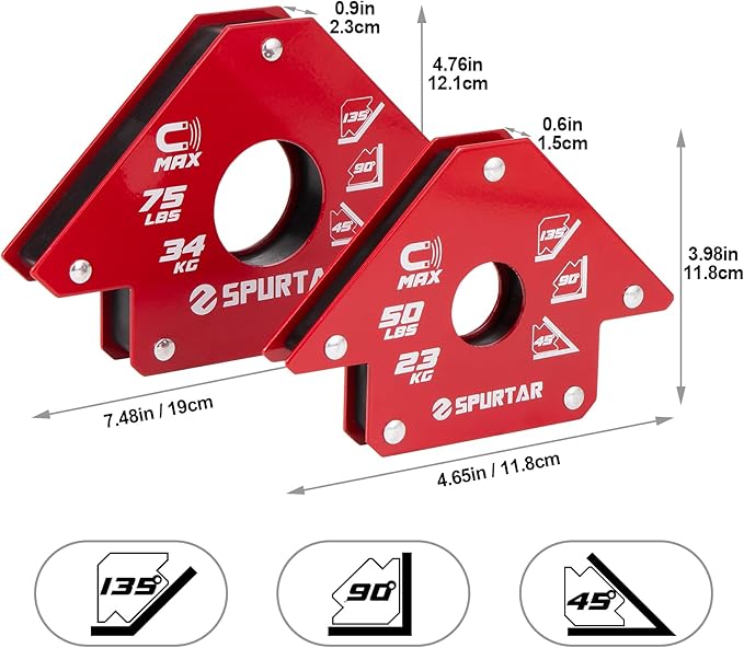 Spurtar Welding Magnets 75lbs & 50lbs 4pcs, Heavy Duty Welding Magnets and Clamps, Strong Magnetic Holder Accessories Tools, 45, 90, 135 Degree Angle
