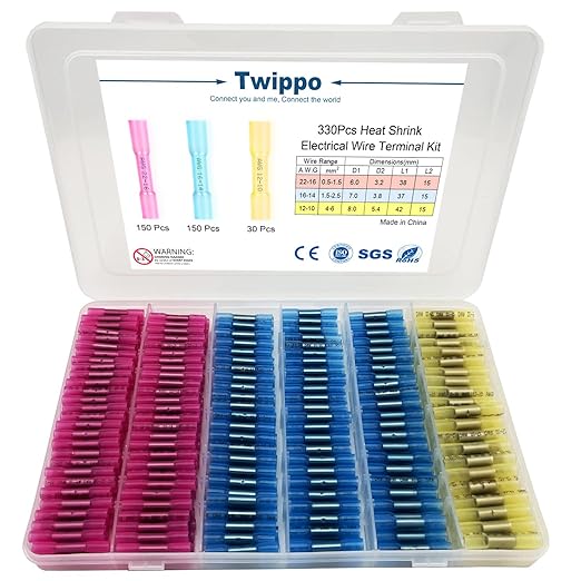 330Pcs Butt Connector, Automotive Electrical Connector Terminals, Waterproof Heat Shrink Wire Connectors Kit, Wire Splice Kit, Heat Shrink Tubing (22-10 AWG)