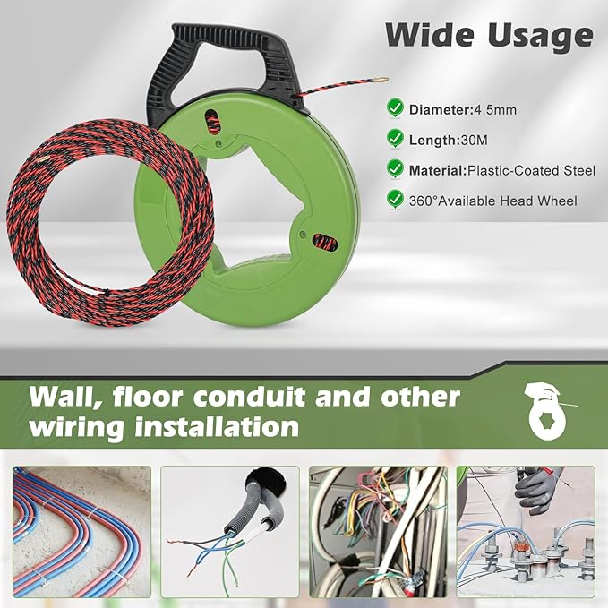 100Ft Fish Tape Wire Puller Through Conduit Thickened Polyester 3 Core Braid Pulling Fish Tape Electrical Fish Tape with Ergonomic Handle Fishtape Wire Pulling Tools with 6 Adapters (4.5mm*30M)