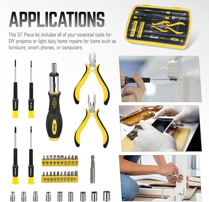 DNA MOTORING 37pcs Handheld Tool & Complete Drill Bits Set, Home Repair Tool Set, Screwdriver, Pliers, Ratchet Bit Driver kit, Maintenance Tools kit, Yellow/Black, TOOLS-00034