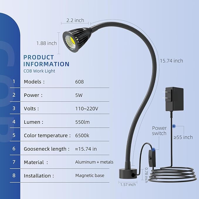 Led Magnetic Work Light 400mm Flexible Gooseneck lamp 700 Lumens 120 Volt for Sewing Machine Lathe Milling Drill Press Industrial Lighting (Aluminum Alloy lamp Head-2)