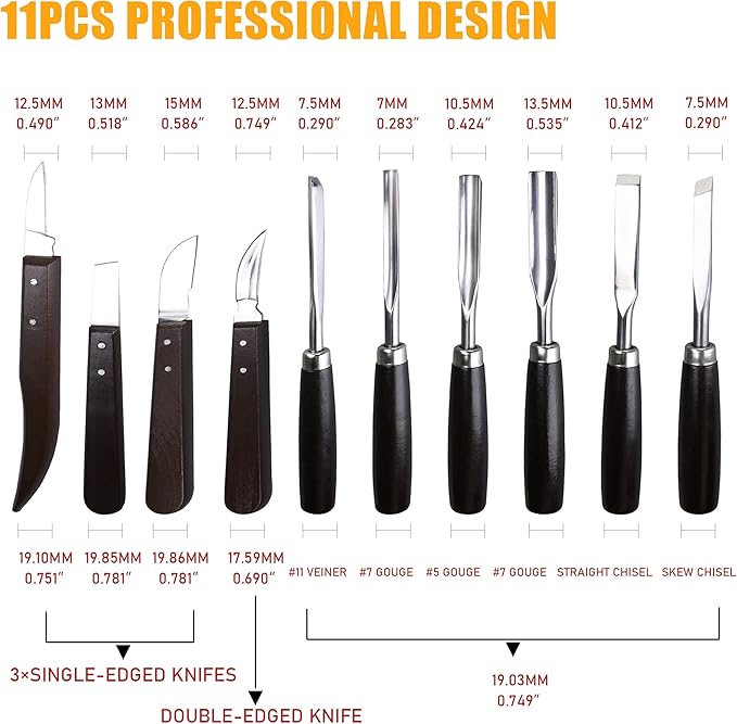 Woodworking 11 PC Carving Chisel Set with Wooden Storage Case - Gouges, Chisels and knifes for Hobbyists and Professional Wood Carving Tool