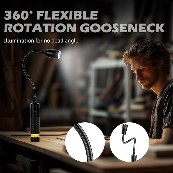 2 Pack LED Work Light, 500 Lumen Gooseneck Flashlight with Magnetic Base, Zoomable Flexible Led Flashlight, Waterproof Job Site Light for Work Bench, Auto-Repairing, Inspection, Emergency