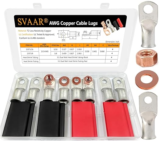 SVAAR 2/0 AWG Battery Cable Lugs,00 Gauge Tinned Copper Lugs 2/0 AWG 3/8" & 5/16" Battery Cable Ends,00 Gauge Lugs Ring Terminal Battery Lugs with 3:1 Heat Shrink Tube+Hex Nut+Flat Washer