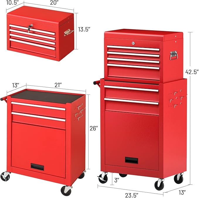 S AFSTAR 6-Drawer Rolling Tool Chest, High Capacity Tool Storage Cabinet with 4 Hooks, Locking System and Universal Wheels, 2-in-1 Detachable Large Toolbox for Garage Workshop (Red)