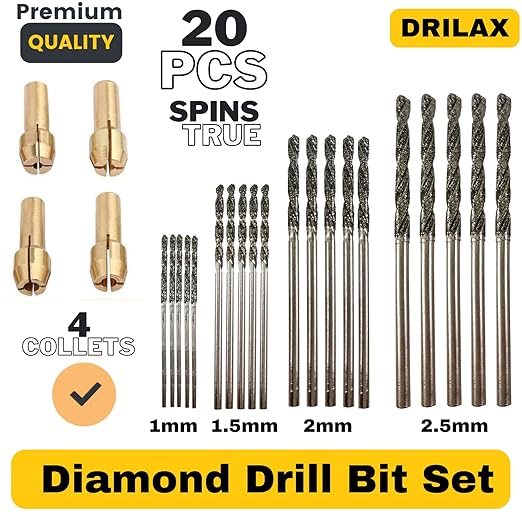 Drilax 24-Piece Diamond Drill Bits Set (1mm, 1.5mm, 2mm, 2.5mm) Compatible with Dremel Rotary Tools – Includes 4 Collets – Diamond Tipped Drill Bit for Stone, Glass, Sea Shells & Jewelry Making Tools