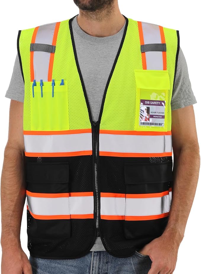 Dib Safety Reflective Mesh Vest High Visibility Two Tone with Pockets and Zipper, Yellow and Black Mesh with Orange Trim 2XL