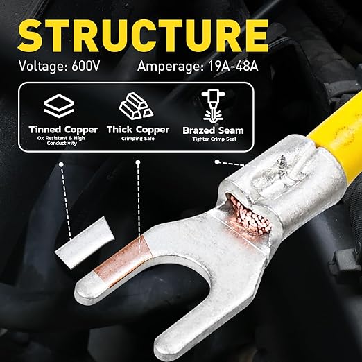 haisstronica 100pcs #10 Fork Terminals,AWG 16-14 Brazed Seam Non-Insulated Copper Wire Connectors