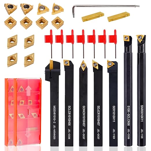 Indexable Lathe Turning Tool 21Pcs Kit 3/8" (10mm) Shank, Includes 7Pcs Metal Lathe Tool Holders and 14Pcs Carbide Inserts for Turning Boring Grooving Cutting Threading Carbide Turning Tool