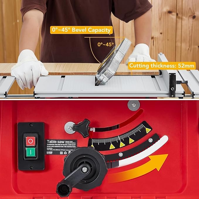 PioneerWorks 10 Inch Table Saw, 15A Multifunctional Saw With Stand & Push Stick, 90° Cross Cut & 0-45° Bevel Cut, 5000RPM, Adjustable Blade Height for Woodworking