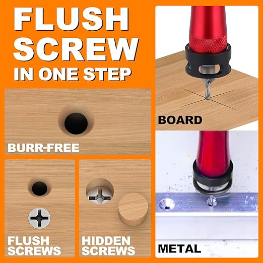 Metal Countersink Drill Bit Set 9-in-1 with Depth Stop, 4 Reversible Heads & Vertical Pilot Adjustable - Hex Shank for Hardened Steel/Woodworking, Hex Key & Chamfer Tool Includ
