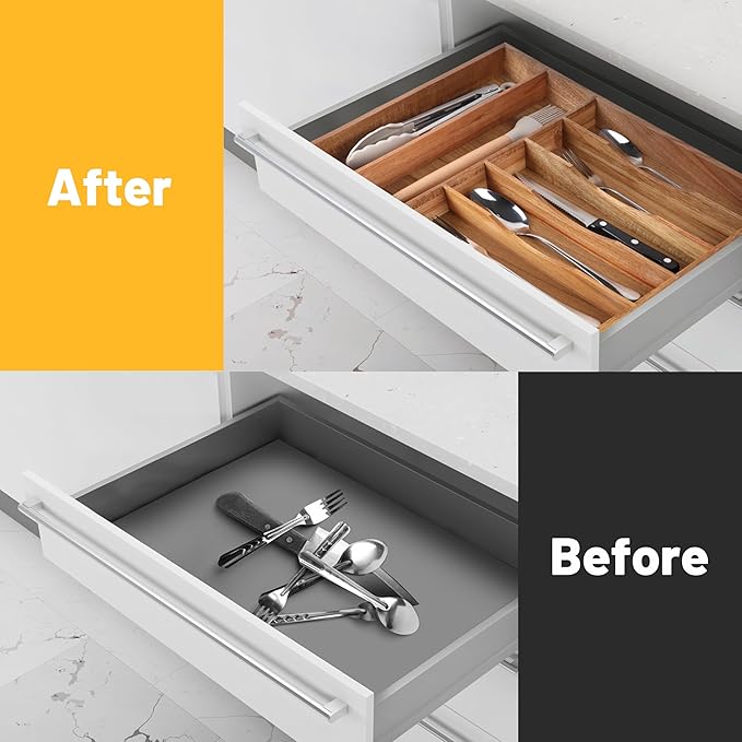 Kitchen Acacia Silverware Organizer - Extra Deep Grooved Drawer Divider, 7 Slot Utensil Organizer