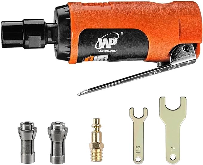 WORKPAD Mini Air Straight Die Grinder, 25000 RPM, Mini Pneumatic Tools, Equipped with 1/4-inch, 1/8-inch collets and 2 wrenches