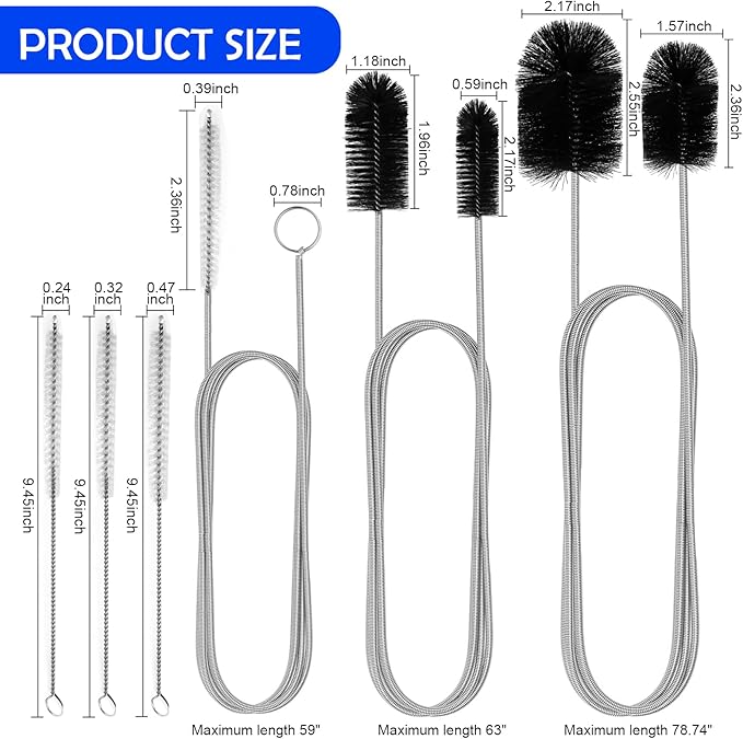 12pcs Flexible Drain Brush 78 Inch Pipe Cleaning Brush 63 Inch Drain Cleaner Brush 59 Inch Hose Brush and 3 Pcs 9 Inch Straw Cleaner Brush for Straws Kitchen Sink Plumbing Shower Drain Tube (Black)