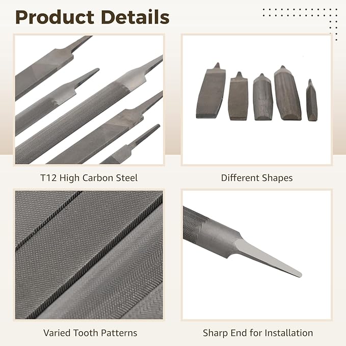 5 PCS Metal Files Set, Steel Hand File Kit, Triangular Flat Half-Round Files, T12 High Carbon Steel File for Woodworking, Metalworking, Jewelry, Plastic, DIY, Repair