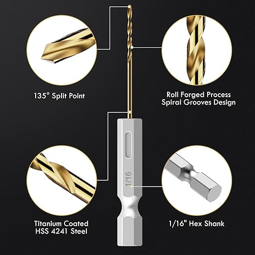 Hex Shank Drill Bit Set, 16Pcs 1/16" HSS Titanium Twist Drill Bit for Sheet Metal, Wood, Plastic, Quick Change Design