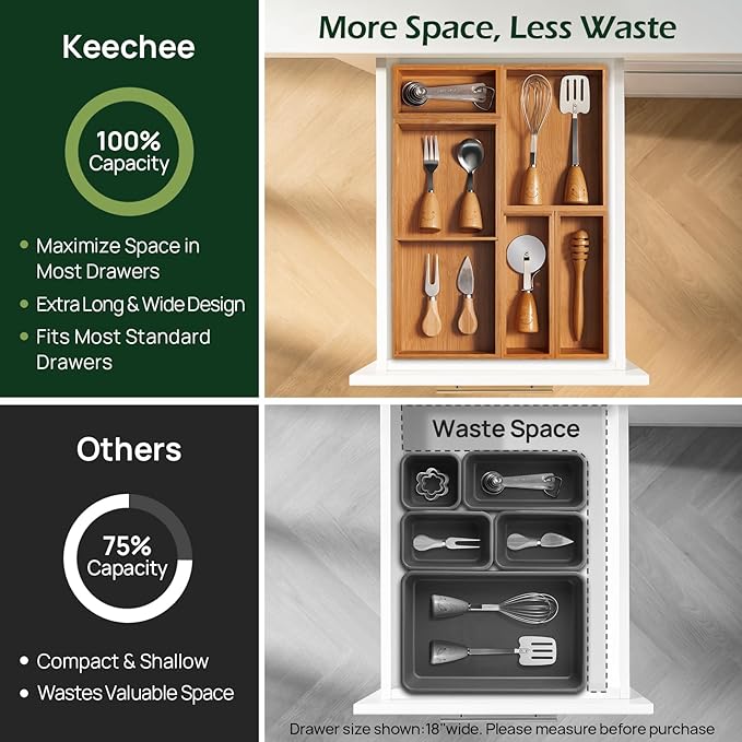5-Piece Bamboo Drawer Organizer Set, 2.2" Deep | Multi-Use Organizers for Utensils, Silverware, Cutlery, Desk, Bathroom, Junk Drawer & Makeup, Non-Slip Feet Included.