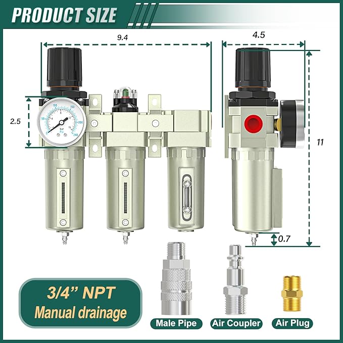 Industrial Grade 3-Stage Air Drying System, 3/4" NPT with Manual Drain, Desiccant Dryer, Air Regulator, Particulate Filter and Coalescing Filter for Paint Spray, Plasma Cutter