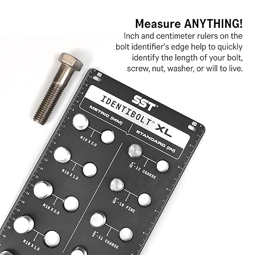 SST - Identibolt XL - Threadchecker for Large Sized Nuts and Bolts - Imperial SAE and Metric Threads - 20 Nuts & Bolts Identifier - from 9/16" to 1" & 16mm to 24mm - in. and Cm. Rulers - Made in USA